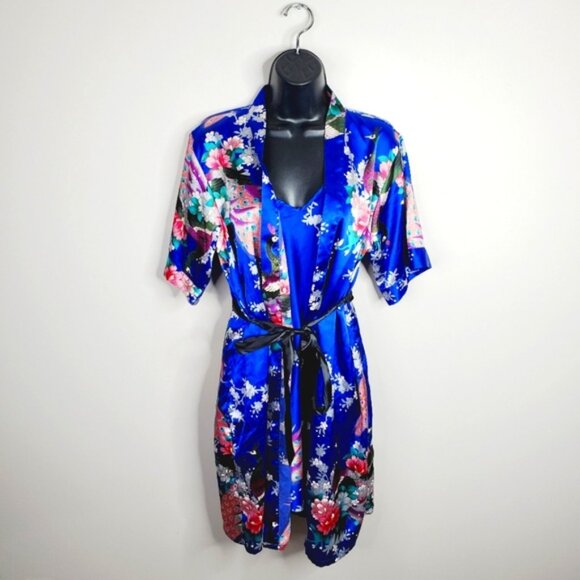 Vintage Oriental Geisha Satin Floral Art Deco Slip & Robe Set M - Picture 1 of 8